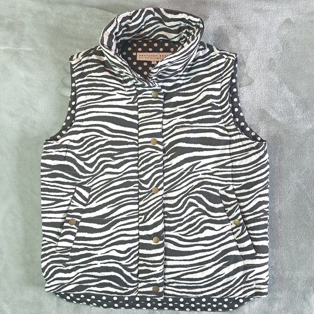 Gretchen Scott Puffer Vest Zebra Polka Dot Lining Black White Snap Button Size S